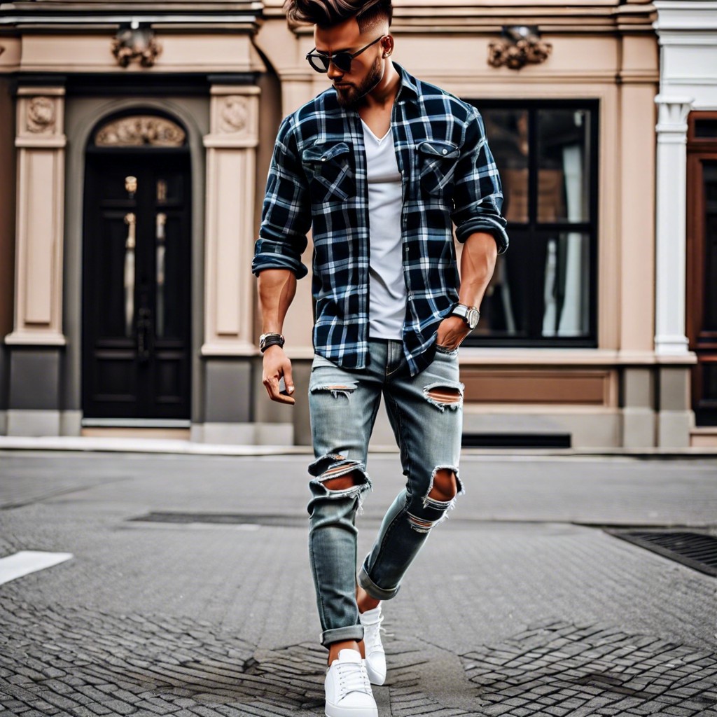 flannel shirt and ripped jeans